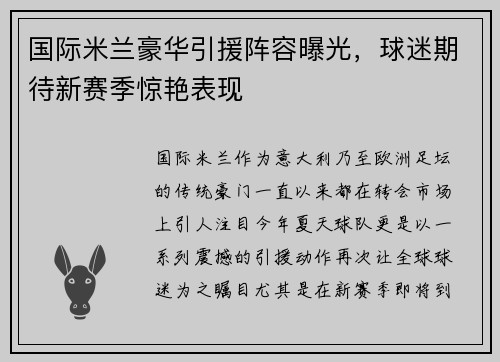 国际米兰豪华引援阵容曝光，球迷期待新赛季惊艳表现