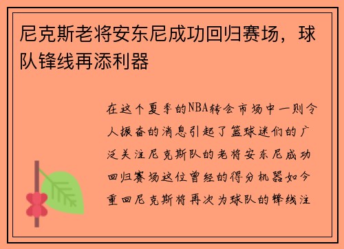 尼克斯老将安东尼成功回归赛场，球队锋线再添利器